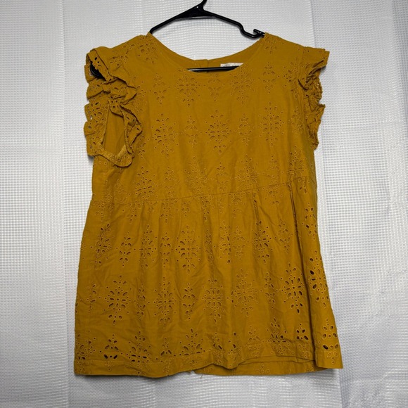 Pale Sky Tops - Pale Sky Top Mustard Yellow Cotton‎ Eyelet Ruffle Sleeve Button Back Boho Blouse